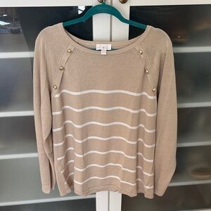 Belle by Kim Gravel Tan and White Striped Boatneck Sweater with gold buttons - L